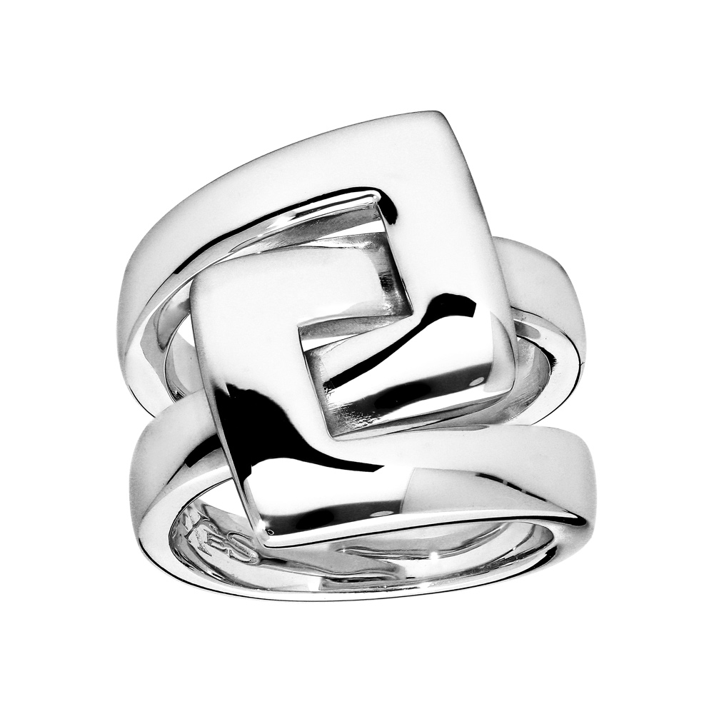 Bague Elix�s en argent massif rhodi� 2 boucles carr�es entrem�l�es - Vue 1