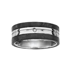 Bague en acier avec bandes de carbone aux bords et 1 oxyde blanc - Vue 1