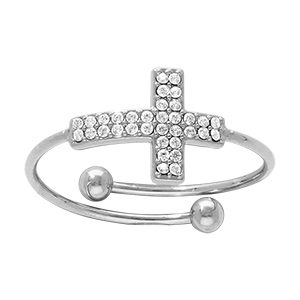Bague en acier avec croix pav�e d'oxydes blancs sertis - r�glable