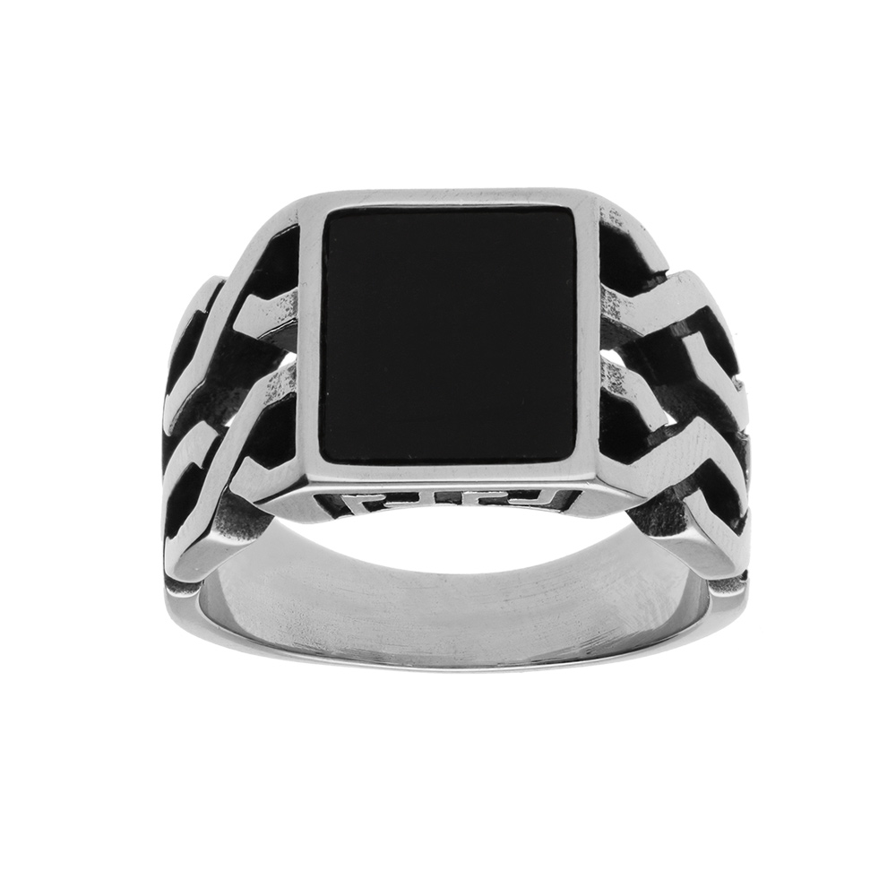 Bague en acier avec plateau carr� imitation onyx - Vue 1