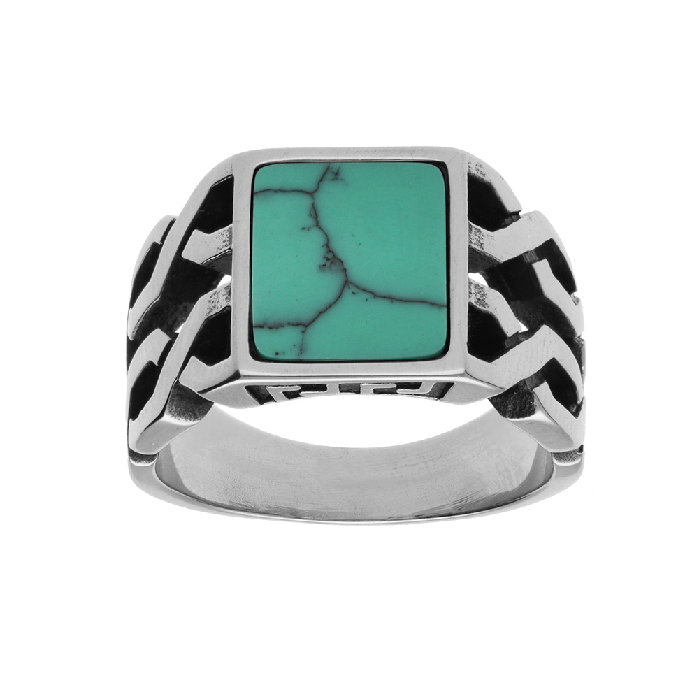 Bague en acier avec plateau carr� imitation turquoise - Vue 1
