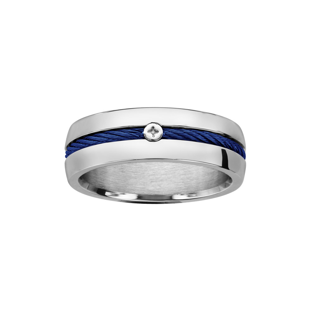 Bague en acier c�ble au centre bleu et vis - Vue 1