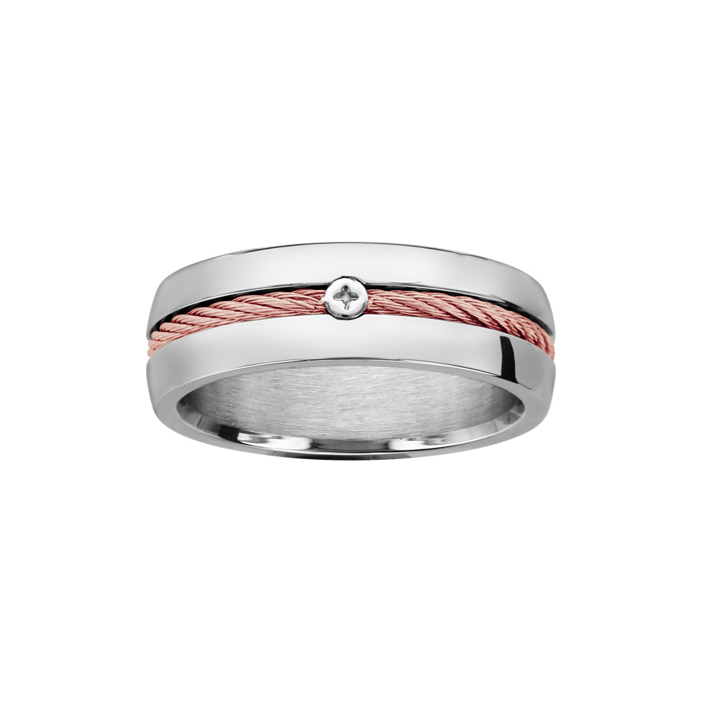 Bague en acier c�ble au centre rose et vis - Vue 1