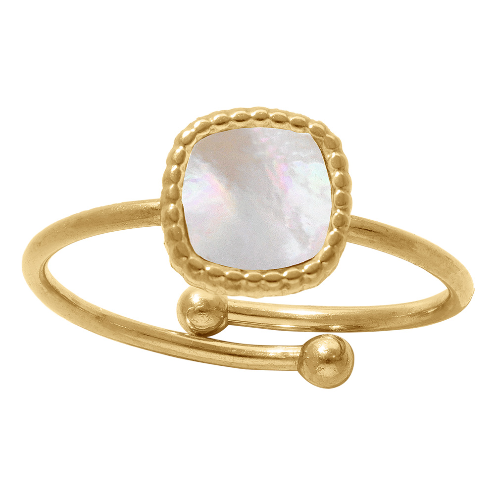 Bague en acier dor� avec carr� imitation nacre - r�glable - Vue 1