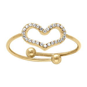 Bague en acier dor� avec coeoeur �vid� pav� d'oxydes sertis - r�glable