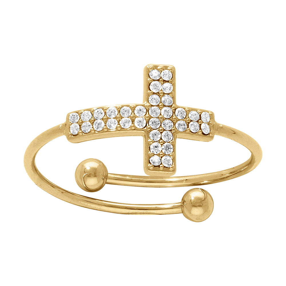 Bague en acier dor� avec croix pav�e d\'oxydes blancs sertis - r�glable - Vue 1