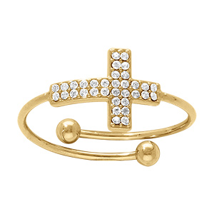 Bague en acier dor� avec croix pav�e d'oxydes blancs sertis - r�glable