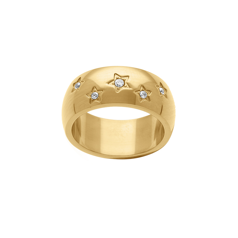 Bague en acier dor avec etoiles d\'oxydes blancs au centre - Vue 1