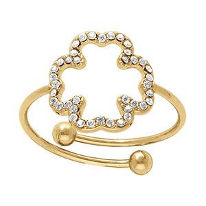 Bague en acier dor� avec fleur �vid�e contour d'oxydes blancs sertis - r�glable