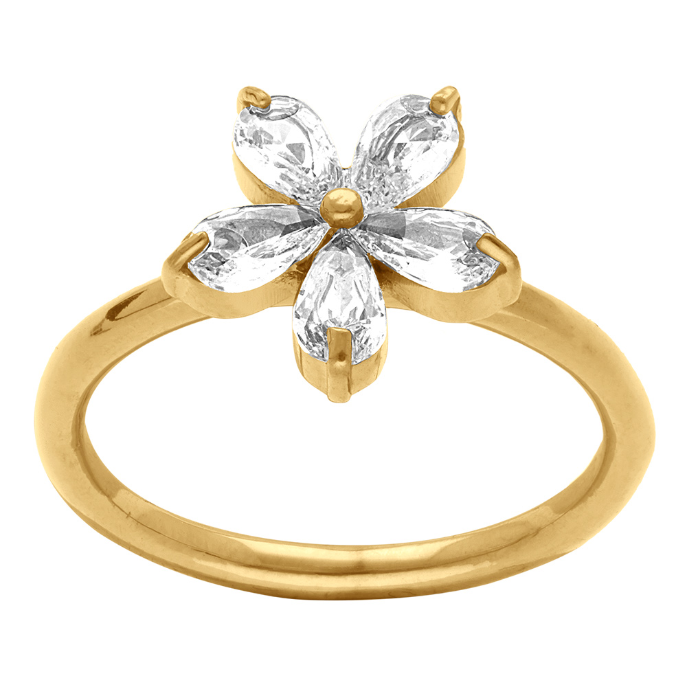 Bague en acier dor� avec fleur sertie d\'oxydes blancs - Vue 1