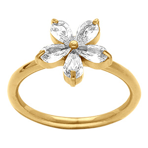 Bague en acier dor� avec fleur sertie d'oxydes blancs