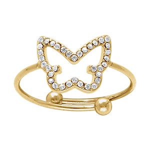 Bague en acier dor� avec papillon �vid� contour d' oxydes blancs sertis - r�glable