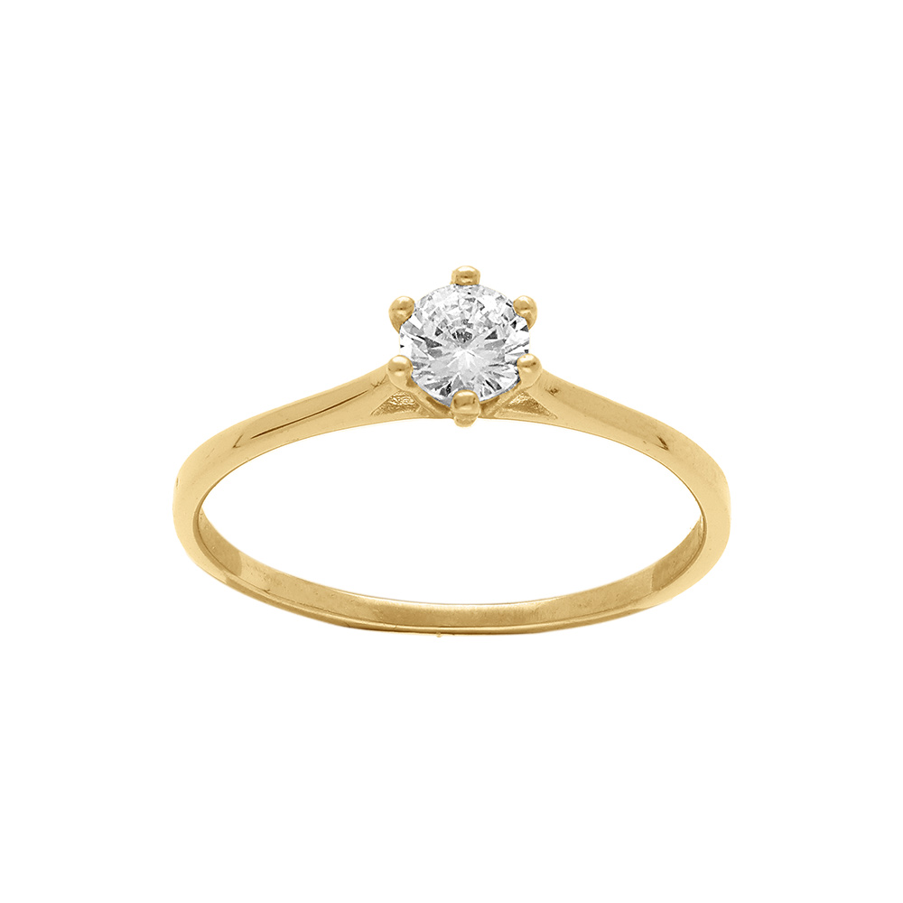 Bague en acier dor avec solitaire oxyde blancmm serti  6 griffes - Vue 1