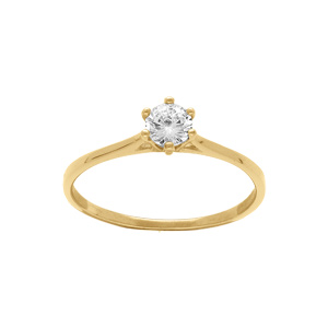Bague en acier doré avec solitaire oxyde blancmm serti 6 griffes - Vue 1