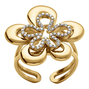 Bague en acier dor� fleur ouverte avec oxydes blancs