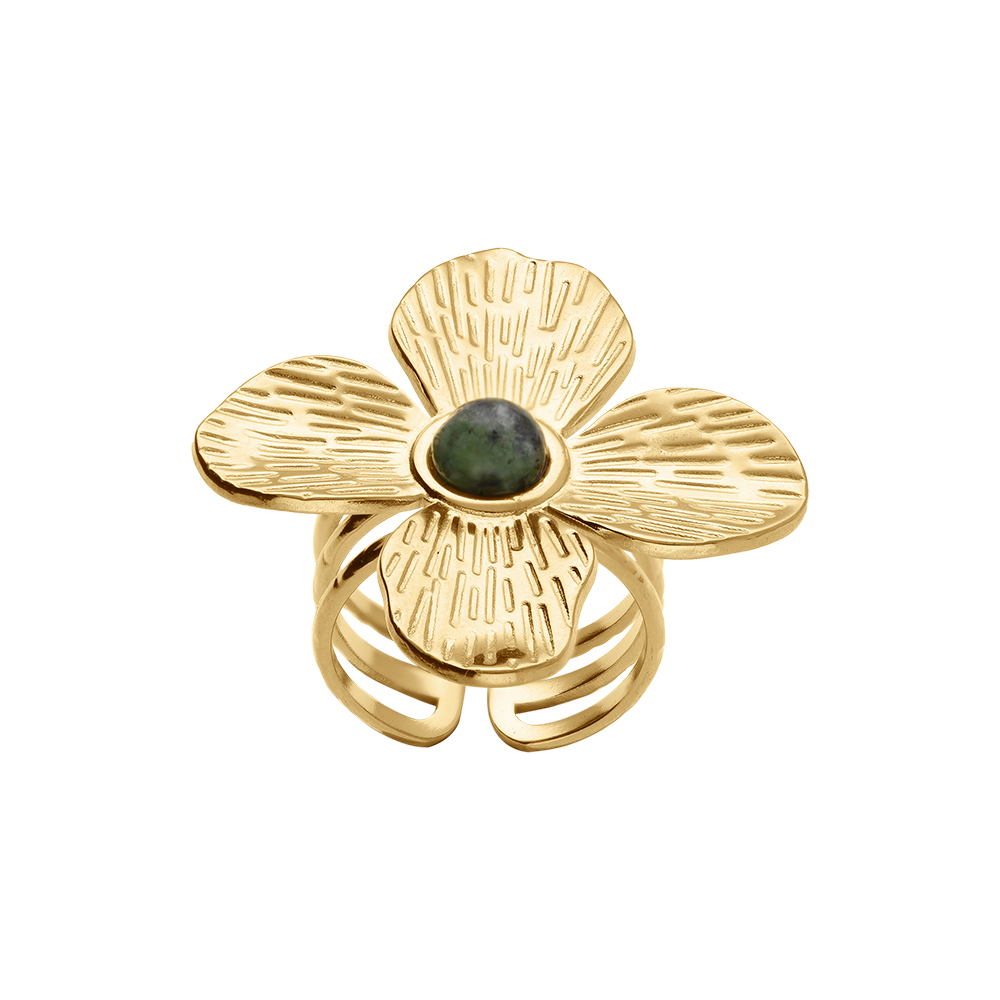 Bague en acier dor� jaune avec fleur turquoise africaine reconstitu�e - r�glable - Vue 1