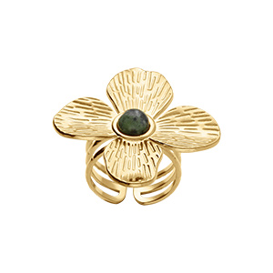 Bague en acier doré jaune avec fleur turquoise africaine reconstituée - réglable - Vue 1