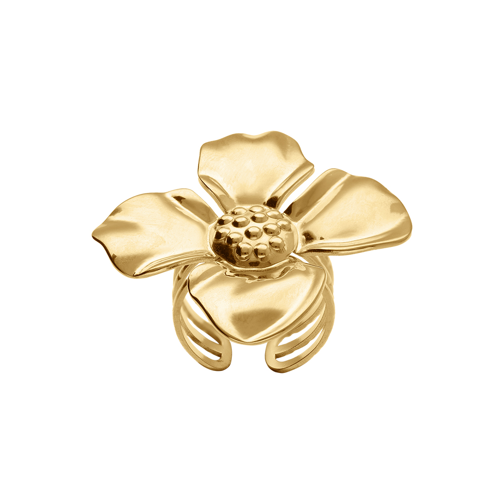 Bague en acier dor jaune - fleur rglable - Vue 1