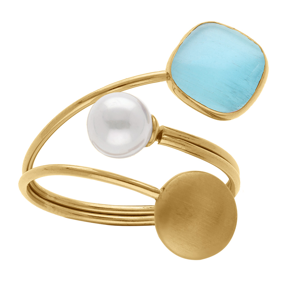 Bague en acier dor� pastille lisse un carr� oeil de chat imitation bleu et perle blanche imitation - r�glable - Vue 1