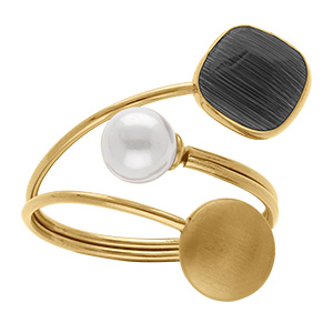 Bague en acier dor� pastille lisse un carr� oeil de chat imitation noir et perle blanche imitation - r�glable