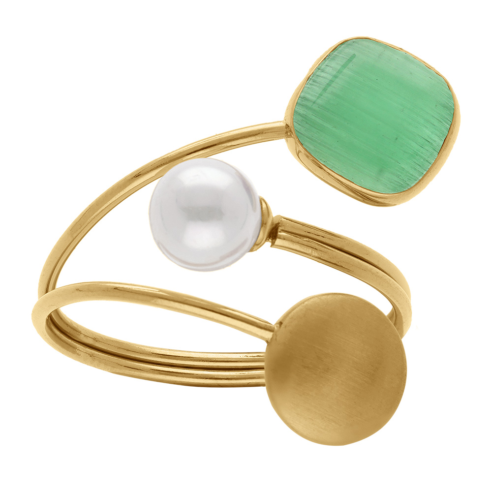 Bague en acier dor� pastille lisse un carr� oeil de chat imitation vert et perle blanche imitation - r�glable - Vue 1