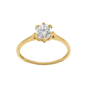Bague en acier doré solitaire oxyde blanc 6mm serti griffes - Vue 1