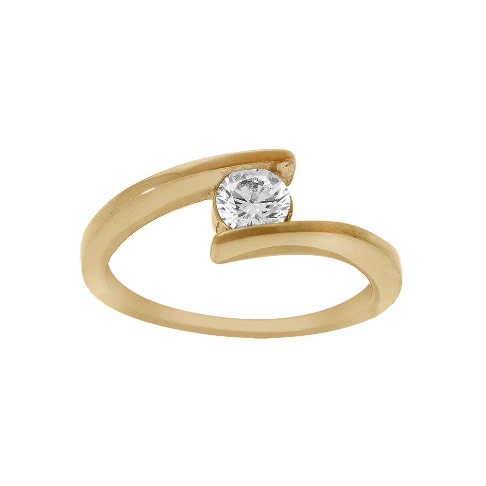 Bague en acier dor� solitaire oxyde blanc entre deux - Vue 1