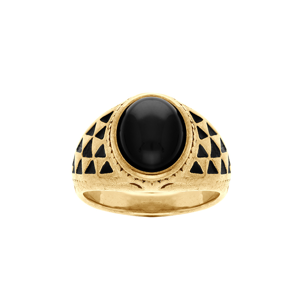 Bague en acier dor vieilli avec onyx noir imitation - Vue 1