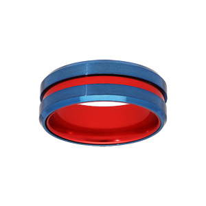 Bague en acier et aluminium bleu filet rouge et interieur rouge - Vue 1