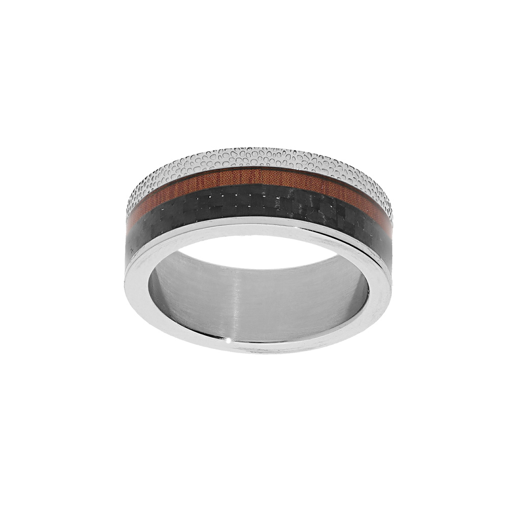 Bague en acier et carbone anneau large avec filet bois de synth�se - Vue 1