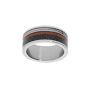 Bague en acier et carbone anneau large avec filet bois de synthse et cble - Vue 1