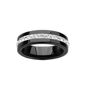 Bague en acier et céramique noire avec rail d\'oxydes blancs au centre - Vue 1