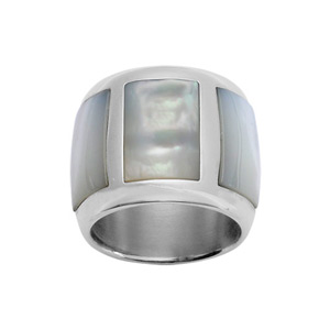 Bague en acier et nacre blanche véritable forme bombée et allongée - Vue 1