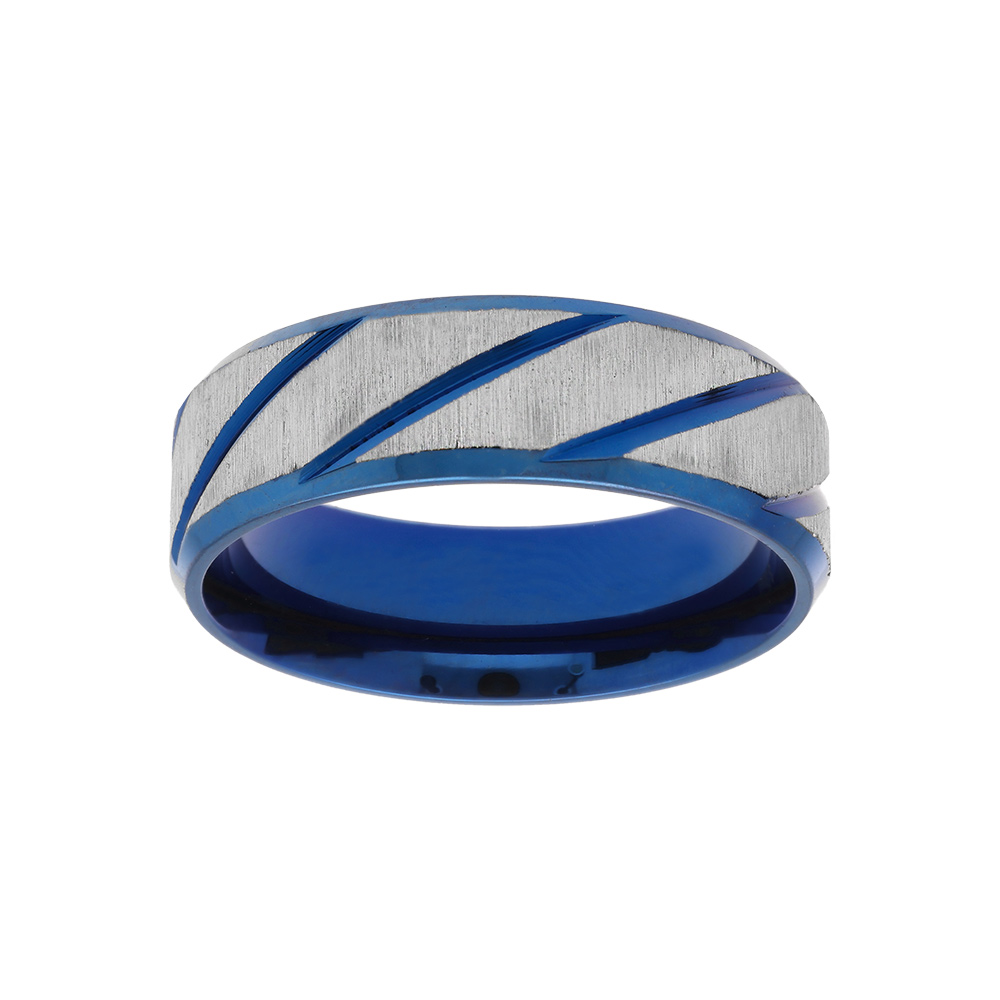Bague en acier et PVD bleu motif stri� largeur 6mm - Vue 1