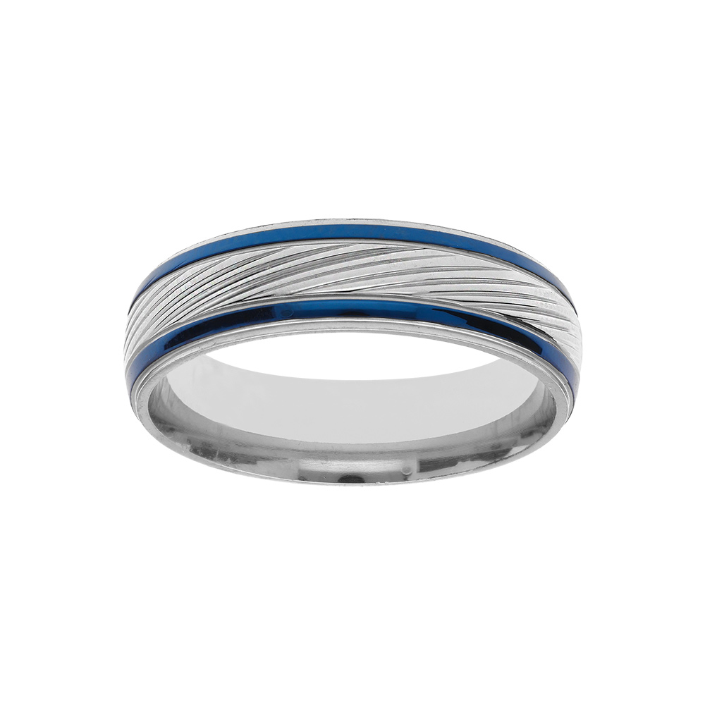 Bague en acier et PVD bleu stri�e au centre largeur 6mm - Vue 1