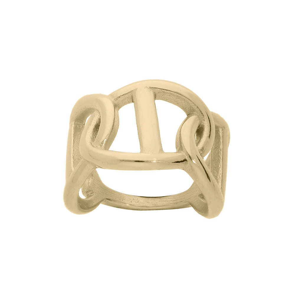 Bague en acier et PVD jaune cercles entrem�l�s et maille marine sur le dessus - Vue 1