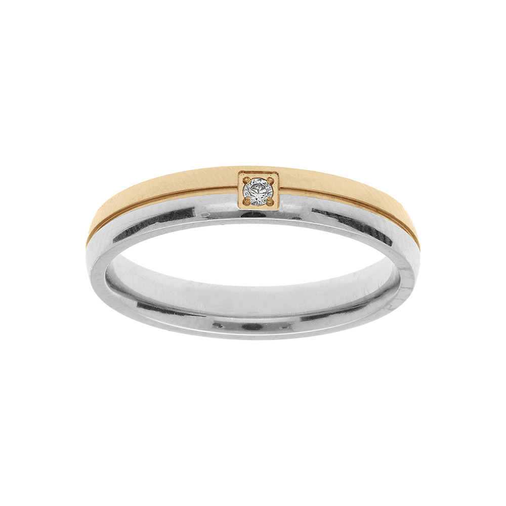 Bague en acier et PVD jaune double anneaux bicolore avec 1 oxyde blanc - Vue 1