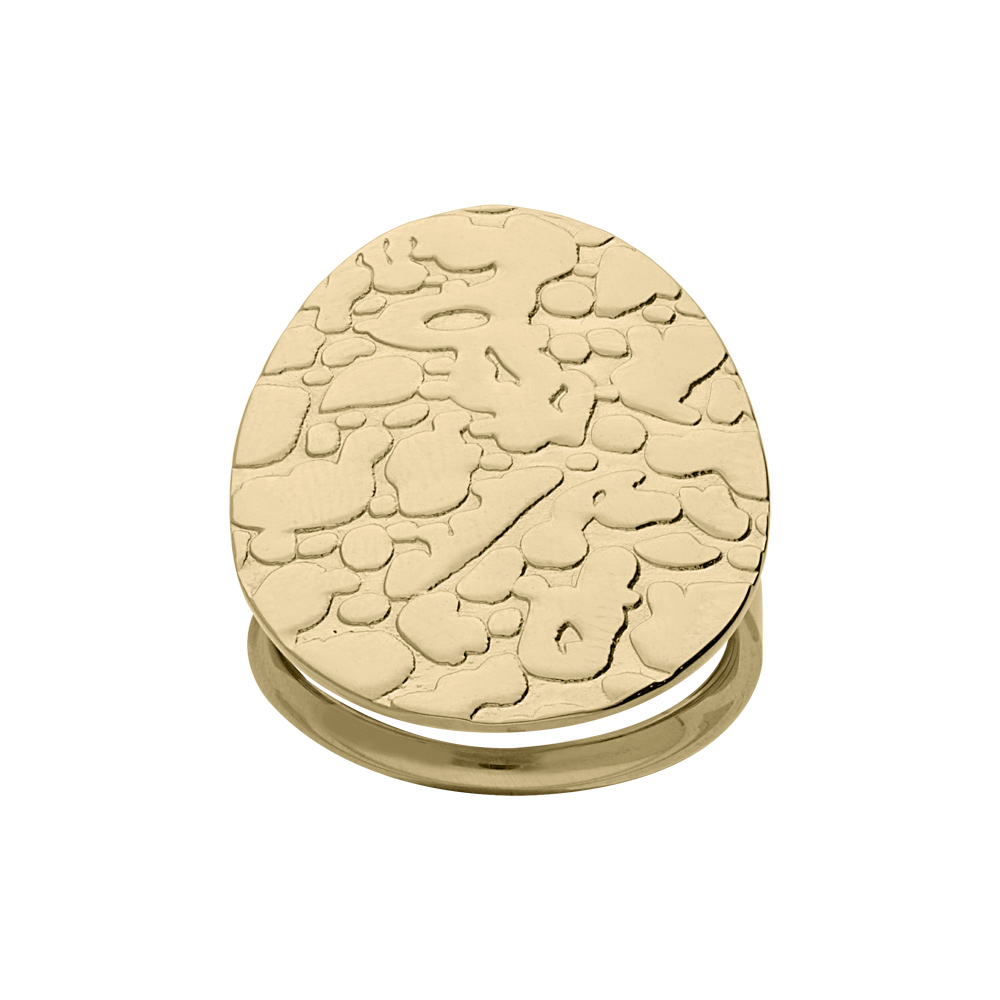 Bague en acier et PVD jaune grand plateau rond avec motifs creus�s - Vue 1