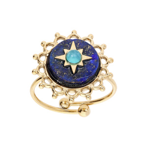Bague en acier et PVD jaune ronde contour dentelé avec étoile sur fond bleu nuit réglable - Vue 1