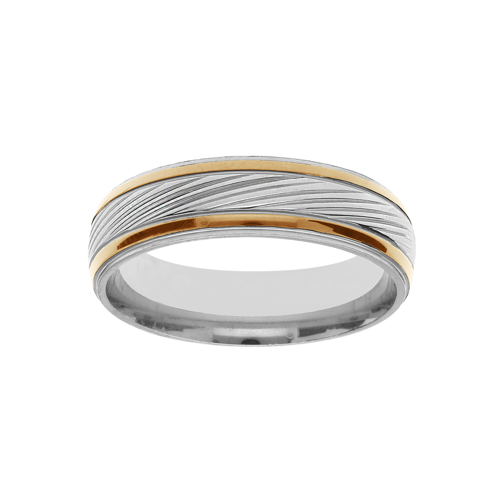 Bague en acier et PVD jaune stri�e au centre largeur 6mm - Vue 1