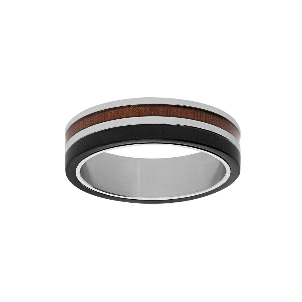 Bague en acier et PVD noir anneau avec aspect bois de synth�se - Vue 1