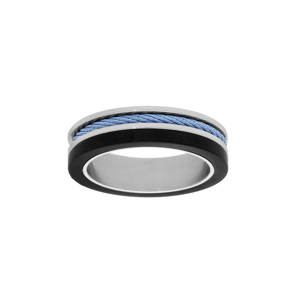 Bague en acier et PVD noir avec c�ble bleu - Vue 1
