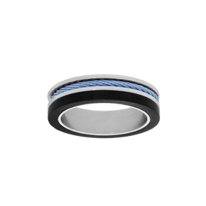 Bague en acier et PVD noir avec cble bleu - Vue 1