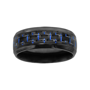 Bague en acier et PVD noir avec quadrillage en carbone et fils bleus - Vue 1