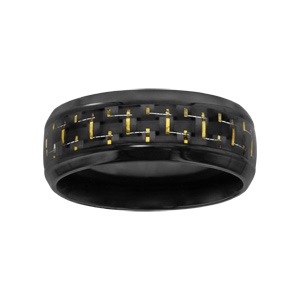 Bague en acier et PVD noir avec quadrillage en carbone et fils dors - Vue 1