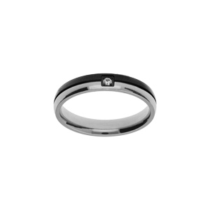 Bague en acier et PVD noir double anneaux bicolore avec 1 oxyde blanc - Vue 1