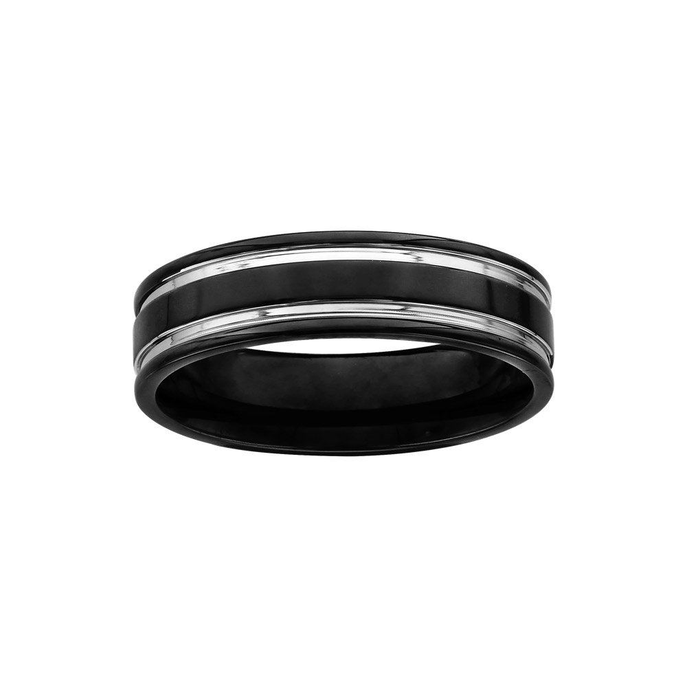 Bague en acier et PVD noir 2 filets - Vue 1