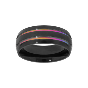 Bague en acier et PVD noir 2 filets avec reflets - Vue 1