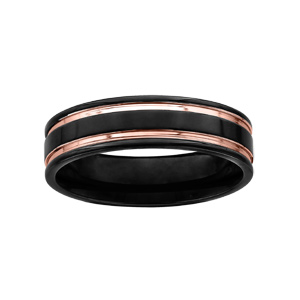 Bague en acier et PVD noir 2 filets en PVD rose - Vue 1