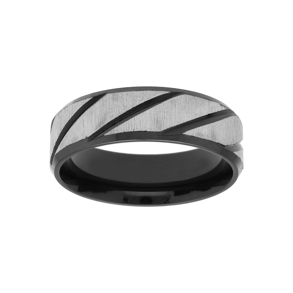 Bague en acier et PVD noir motif stri� largeur 6mm - Vue 1